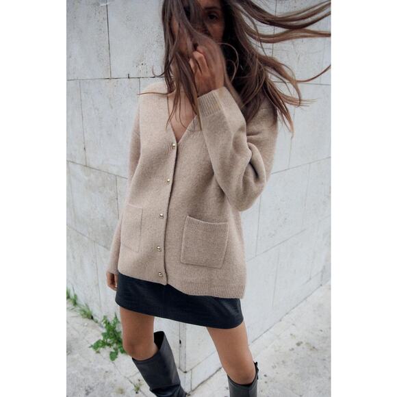 ZARA Knit Cardigan with Gold Buttons and Patch Pockets in Sand NEW Size Small - Picture 1 of 11